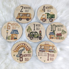 Load image into Gallery viewer, Transport Theme Milestone Discs (Set of 7) with Canvas Pouch
